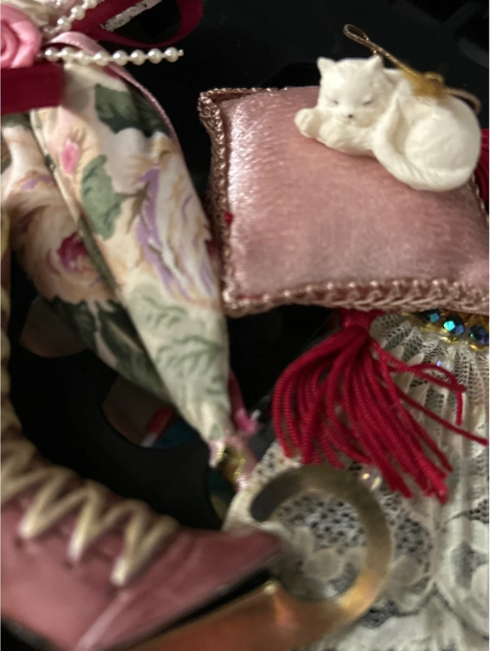 Vintage Victorian Style Pink Ice Skate Ornament with Lace Fan and Decorative Acc